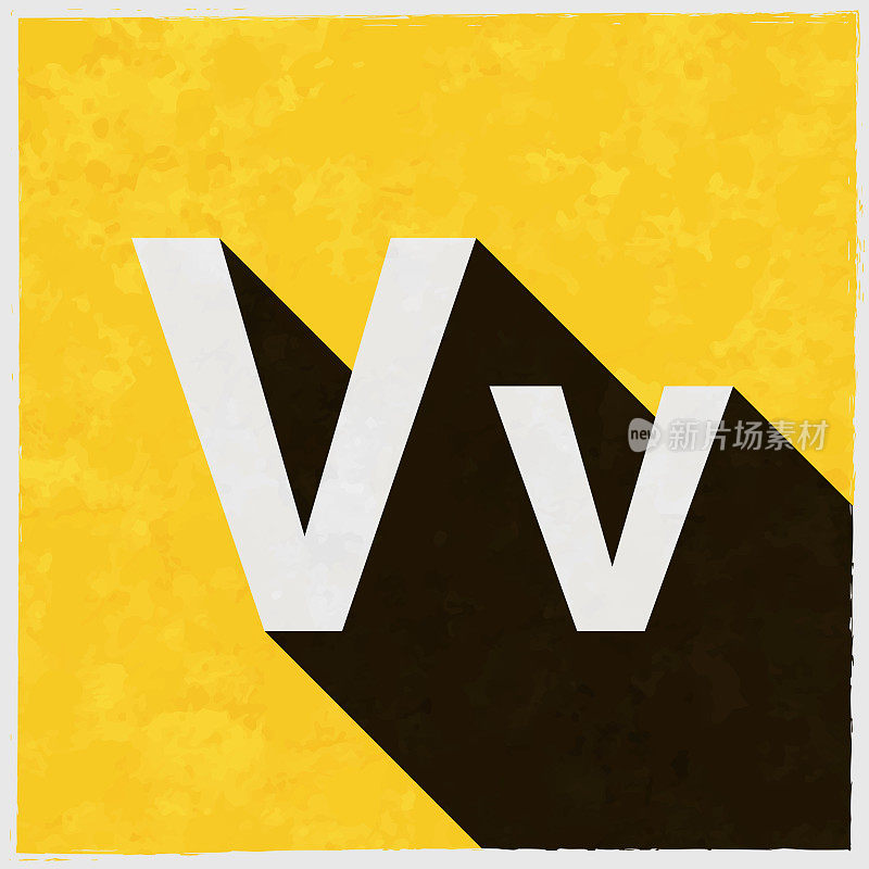 字母V -大写和小写。图标与长阴影的纹理黄色背景